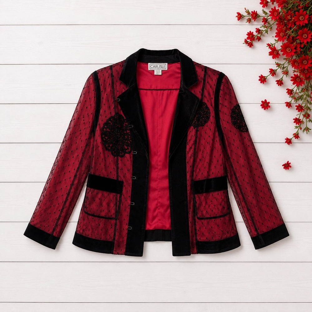 Vintage womens blazer Carlisle red jacket Mesh Overlay gothic edwardian